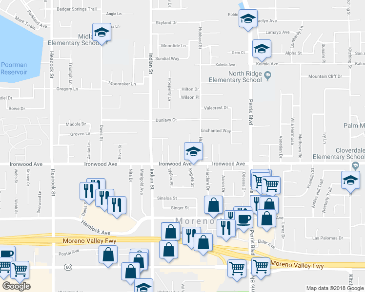 map of restaurants, bars, coffee shops, grocery stores, and more near 11910 Welby Place in Moreno Valley