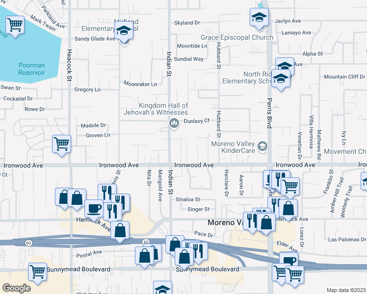 map of restaurants, bars, coffee shops, grocery stores, and more near 11913 Weller Place in Moreno Valley