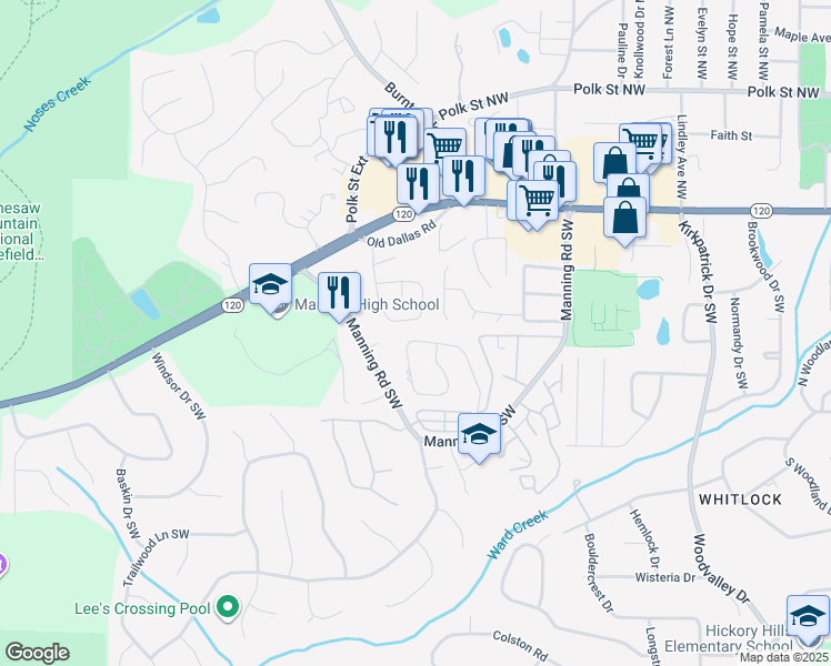 map of restaurants, bars, coffee shops, grocery stores, and more near 187 Kimberly Way Southwest in Marietta
