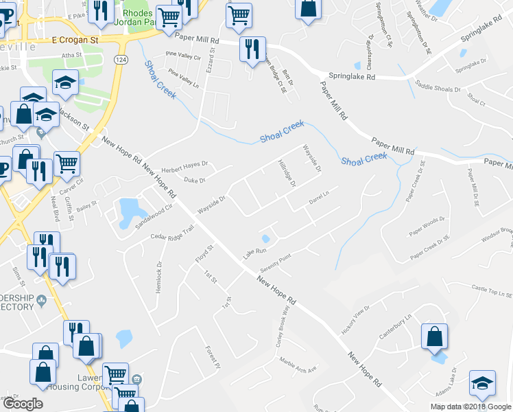 map of restaurants, bars, coffee shops, grocery stores, and more near 735 Wayside Drive in Lawrenceville