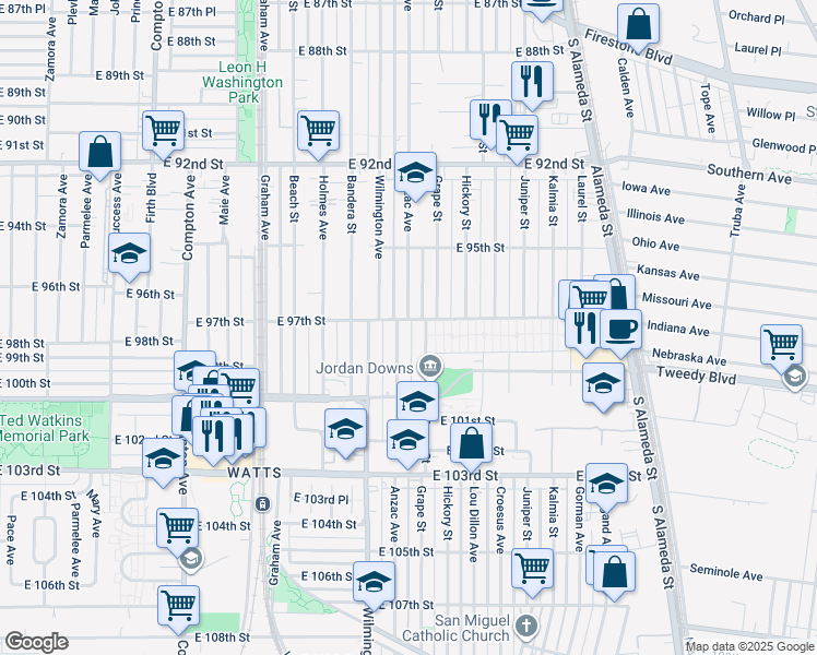 map of restaurants, bars, coffee shops, grocery stores, and more near 9708 Anzac Avenue in Los Angeles