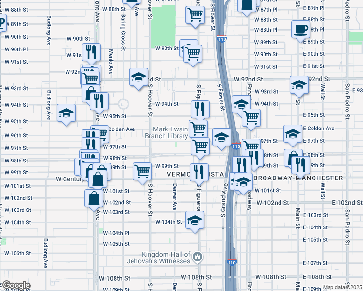 map of restaurants, bars, coffee shops, grocery stores, and more near 538 West 97th Street in Los Angeles