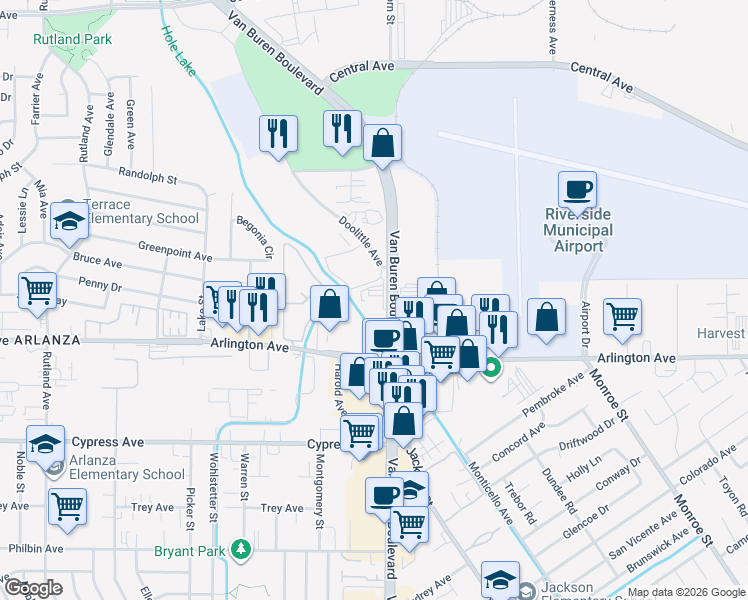 map of restaurants, bars, coffee shops, grocery stores, and more near 6445 Van Buren Boulevard in Riverside