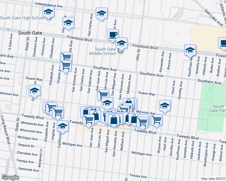 map of restaurants, bars, coffee shops, grocery stores, and more near 9504 San Miguel Ave in South Gate