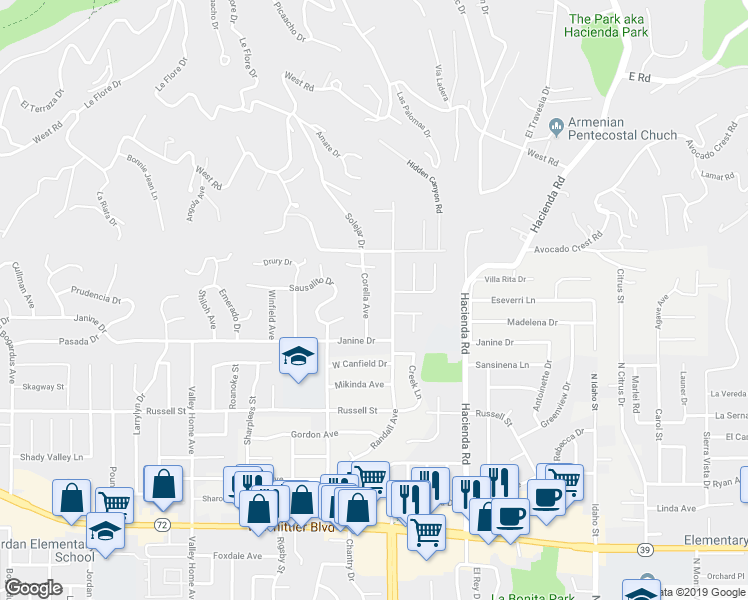 map of restaurants, bars, coffee shops, grocery stores, and more near 9904 Corella Avenue in Whittier