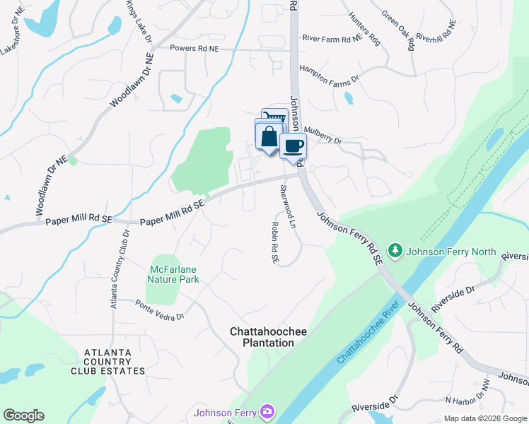 map of restaurants, bars, coffee shops, grocery stores, and more near 110 Robin Road Southeast in Marietta