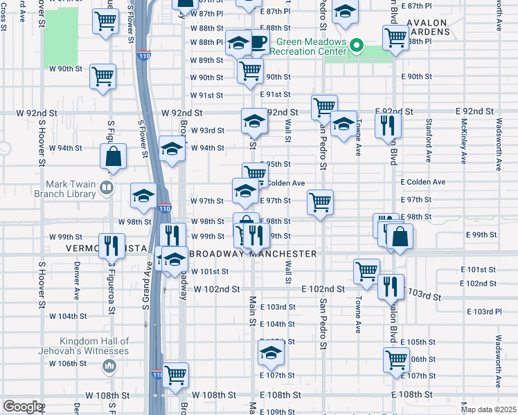 map of restaurants, bars, coffee shops, grocery stores, and more near 9704 South Main Street in Los Angeles
