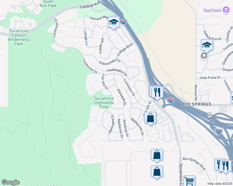 map of restaurants, bars, coffee shops, grocery stores, and more near 1439 Lochaber Court in Riverside