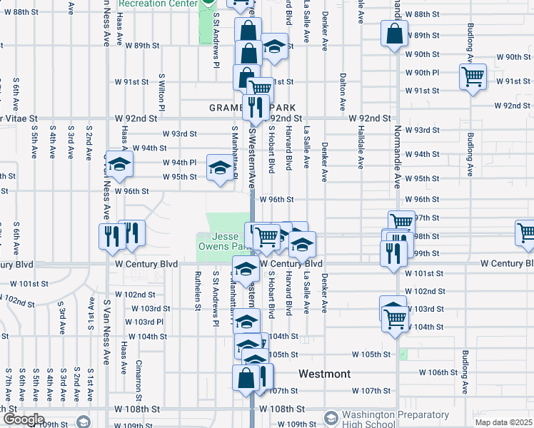 map of restaurants, bars, coffee shops, grocery stores, and more near 9621 S Hobart Blvd in Los Angeles
