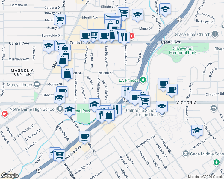map of restaurants, bars, coffee shops, grocery stores, and more near 6529 San Diego Avenue in Riverside