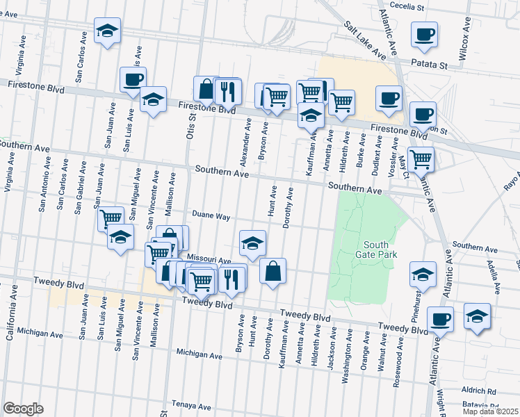 map of restaurants, bars, coffee shops, grocery stores, and more near 9330 Bryson Avenue in South Gate