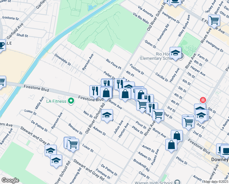 map of restaurants, bars, coffee shops, grocery stores, and more near 7423 Firestone Boulevard in Downey