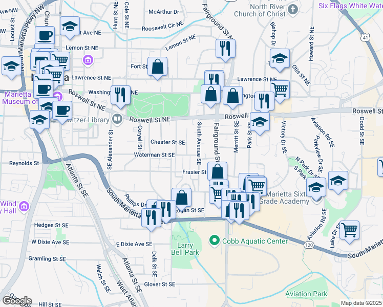 map of restaurants, bars, coffee shops, grocery stores, and more near 493 Waterman Street Southeast in Marietta