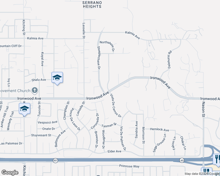 map of restaurants, bars, coffee shops, grocery stores, and more near 11952 Vista De Cerros Drive in Moreno Valley