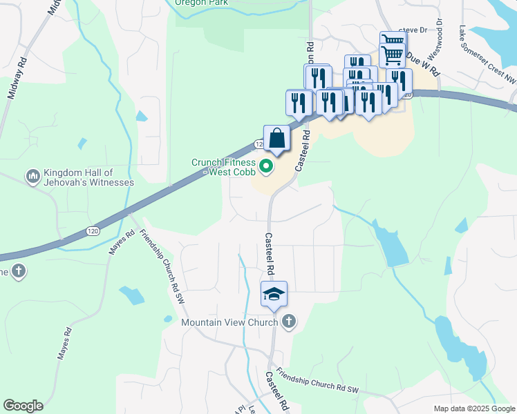 map of restaurants, bars, coffee shops, grocery stores, and more near 103 Casteel Park Court Southwest in Marietta