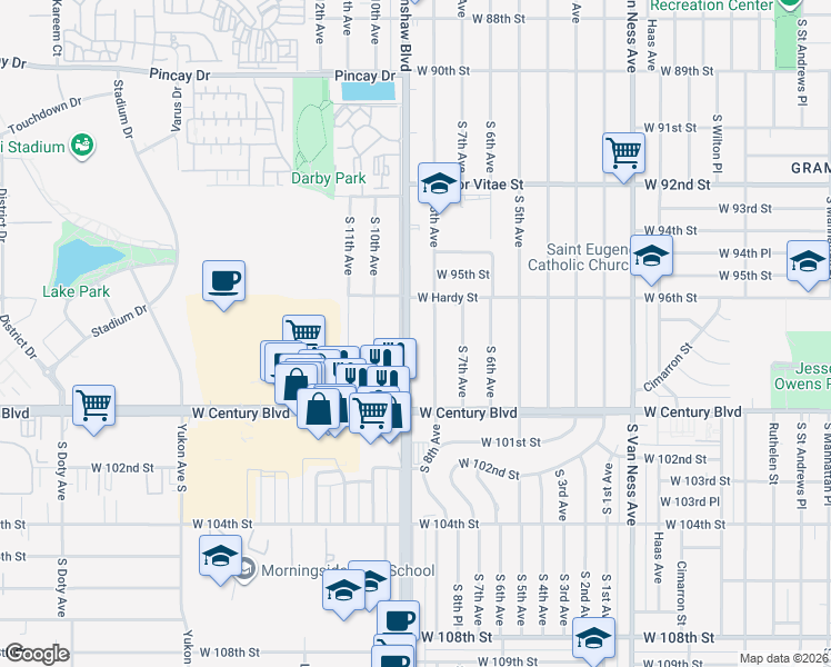 map of restaurants, bars, coffee shops, grocery stores, and more near 9700 South Crenshaw Boulevard in Inglewood