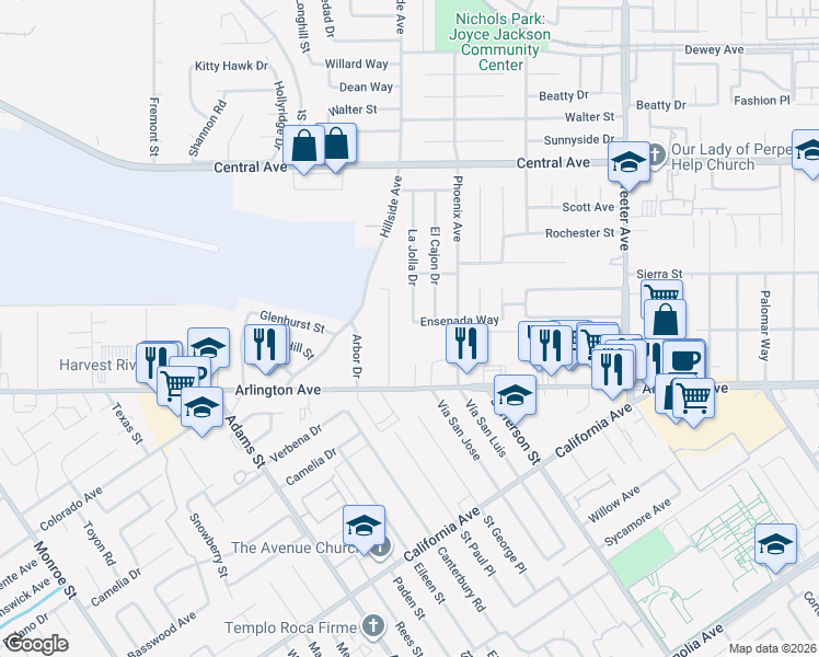 map of restaurants, bars, coffee shops, grocery stores, and more near 6890 Malibu Drive in Riverside