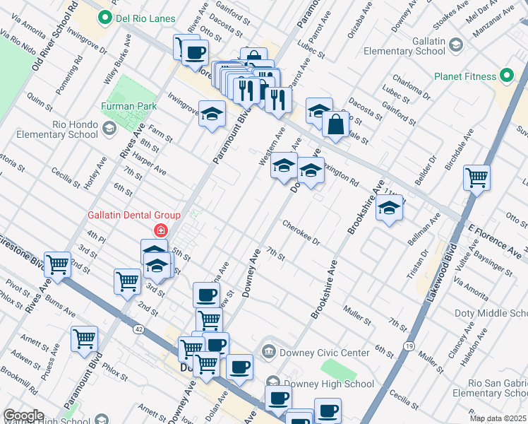 map of restaurants, bars, coffee shops, grocery stores, and more near 10500 La Reina Avenue in Downey
