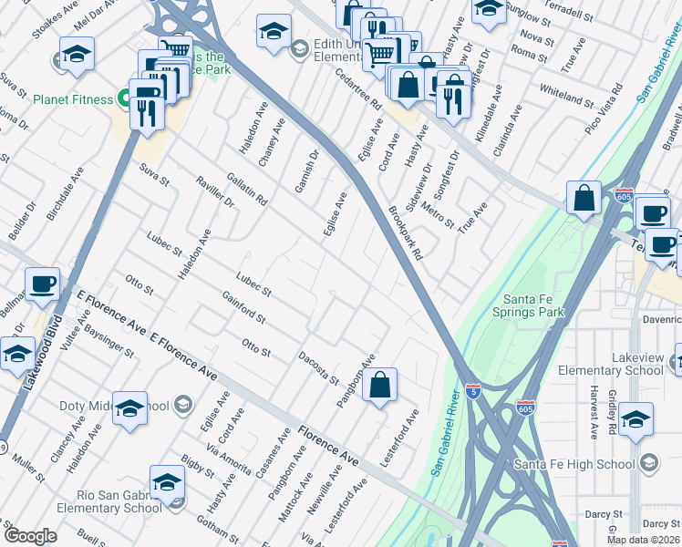 map of restaurants, bars, coffee shops, grocery stores, and more near 9444 Gallatin School House Road in Downey