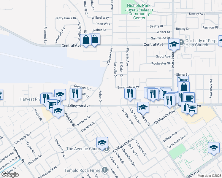 map of restaurants, bars, coffee shops, grocery stores, and more near 6890 Malibu Drive in Riverside