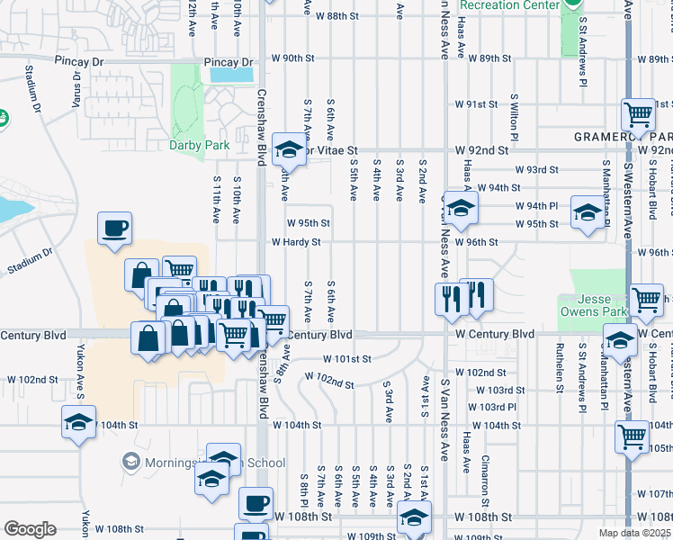 map of restaurants, bars, coffee shops, grocery stores, and more near 9630 South 6th Avenue in Inglewood