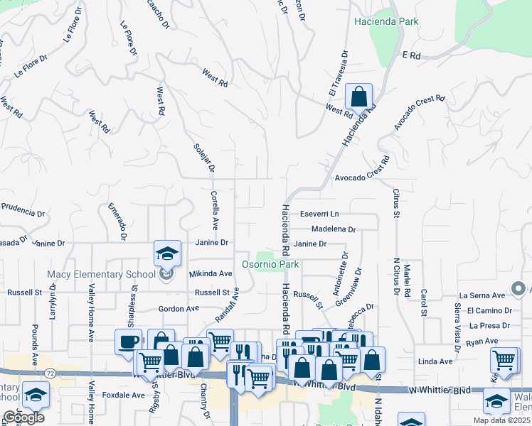 map of restaurants, bars, coffee shops, grocery stores, and more near 17050 Villa Rita Drive in Whittier