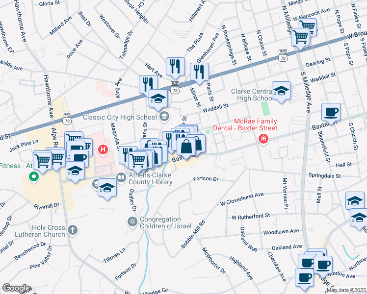 map of restaurants, bars, coffee shops, grocery stores, and more near 505 Benning Street in Athens