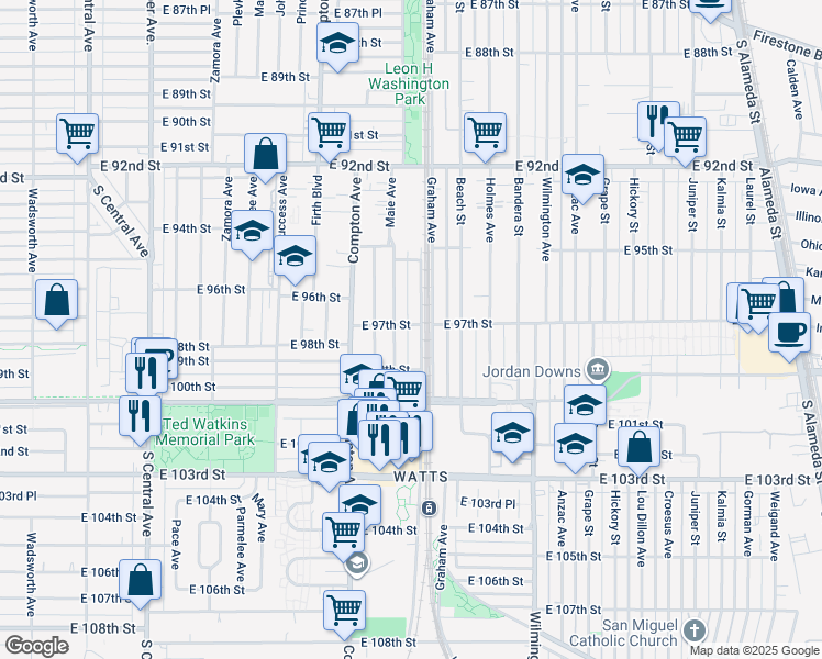 map of restaurants, bars, coffee shops, grocery stores, and more near 1670 East 97th Street in Los Angeles