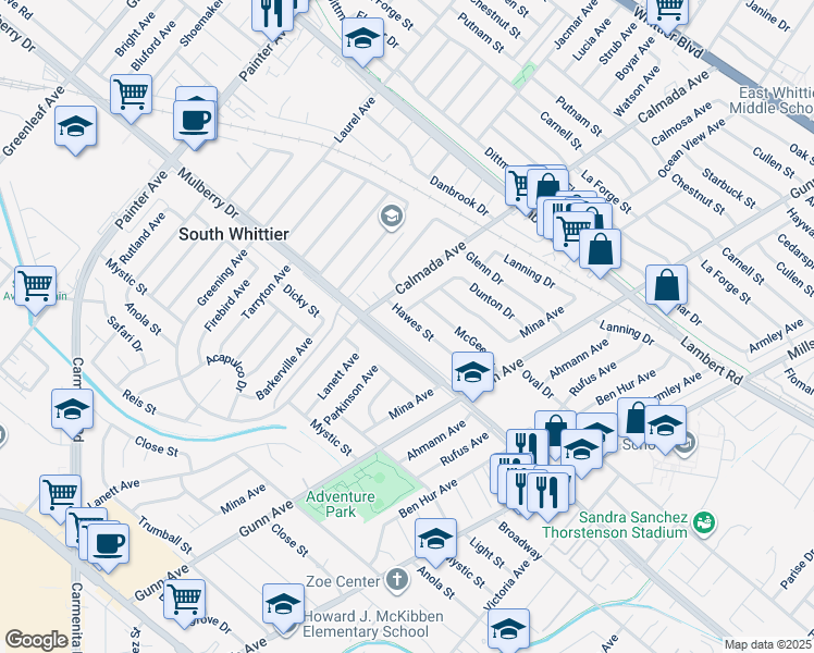 map of restaurants, bars, coffee shops, grocery stores, and more near 13908 Hawes Street in Whittier