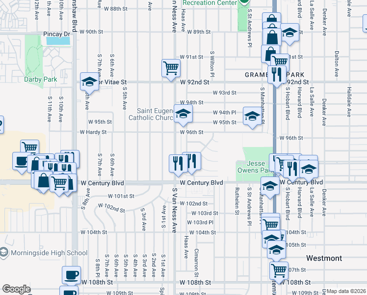 map of restaurants, bars, coffee shops, grocery stores, and more near 9711 Haas Avenue in Los Angeles