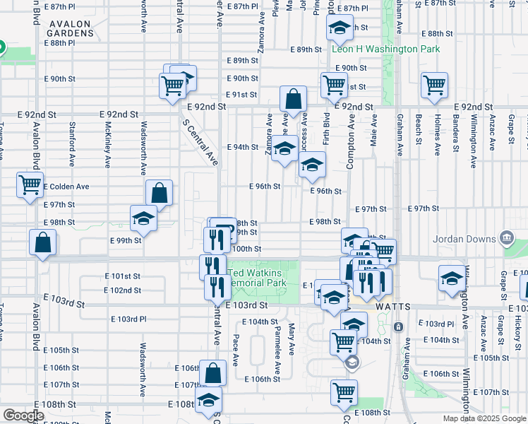 map of restaurants, bars, coffee shops, grocery stores, and more near 9714 Zamora Avenue in Los Angeles