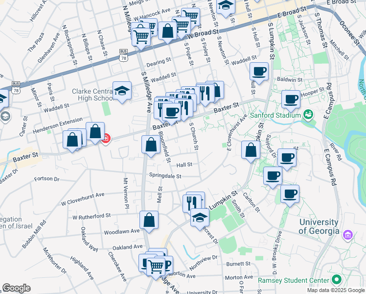 map of restaurants, bars, coffee shops, grocery stores, and more near 174 Talmadge Drive in Athens