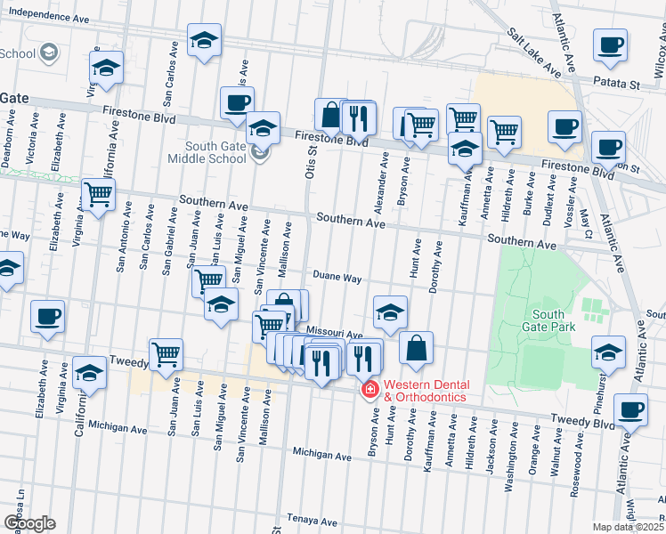 map of restaurants, bars, coffee shops, grocery stores, and more near 9404 McNerney Avenue in South Gate