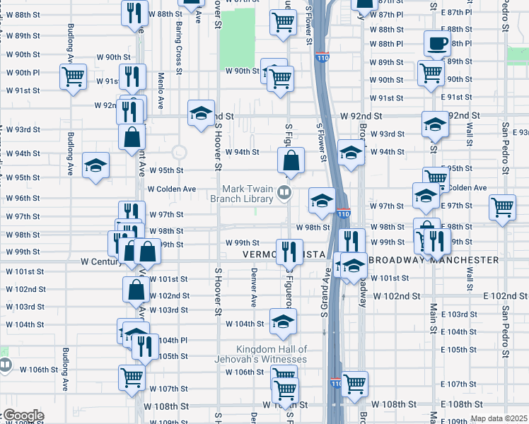 map of restaurants, bars, coffee shops, grocery stores, and more near 538 West 97th Street in Los Angeles