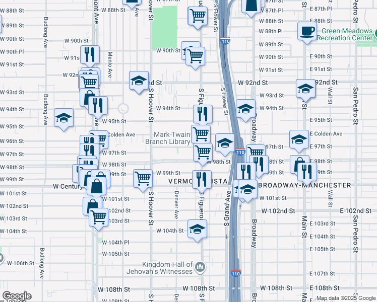 map of restaurants, bars, coffee shops, grocery stores, and more near 534 West 97th Street in Los Angeles