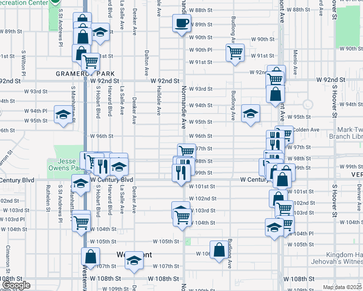 map of restaurants, bars, coffee shops, grocery stores, and more near 9617 Normandie Avenue in Los Angeles