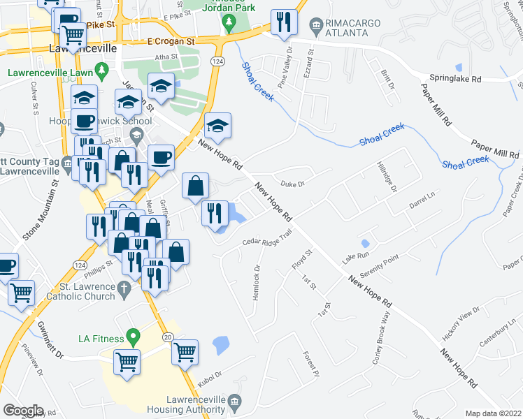 map of restaurants, bars, coffee shops, grocery stores, and more near 140 Sandalwood Circle in Lawrenceville