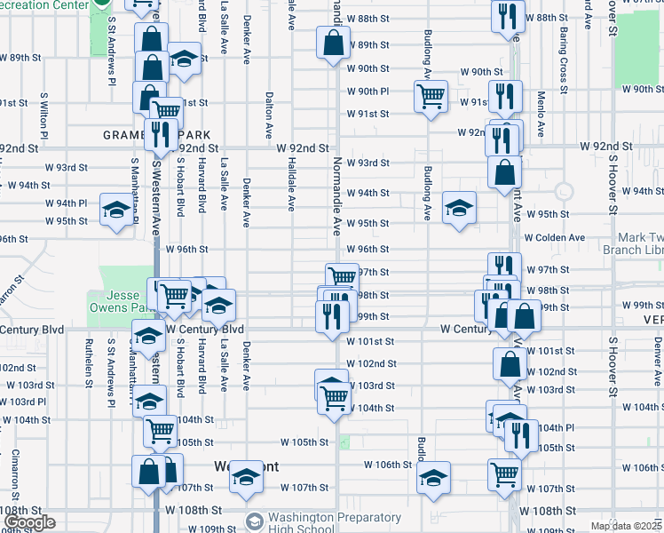 map of restaurants, bars, coffee shops, grocery stores, and more near 9617 Normandie Avenue in Los Angeles