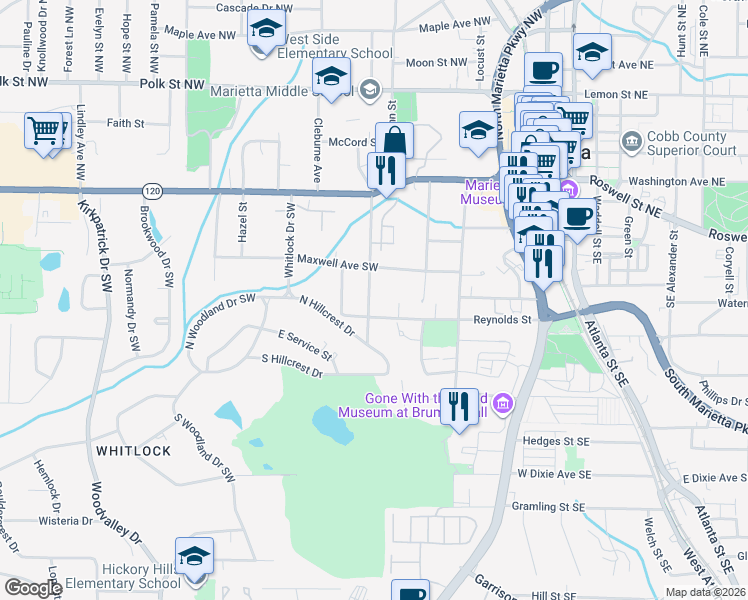 map of restaurants, bars, coffee shops, grocery stores, and more near 169 Northcutt Street Southwest in Marietta