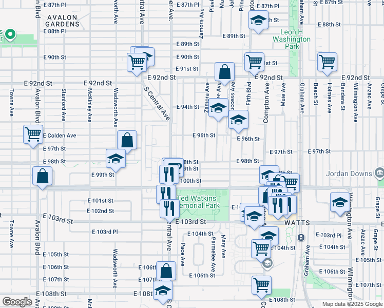map of restaurants, bars, coffee shops, grocery stores, and more near 9715 Baird Avenue in Los Angeles