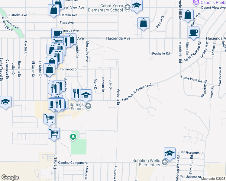 map of restaurants, bars, coffee shops, grocery stores, and more near 13815 Verbena Drive in Desert Hot Springs