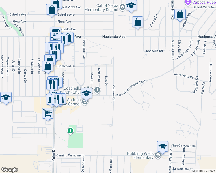 map of restaurants, bars, coffee shops, grocery stores, and more near 13815 Verbena Drive in Desert Hot Springs