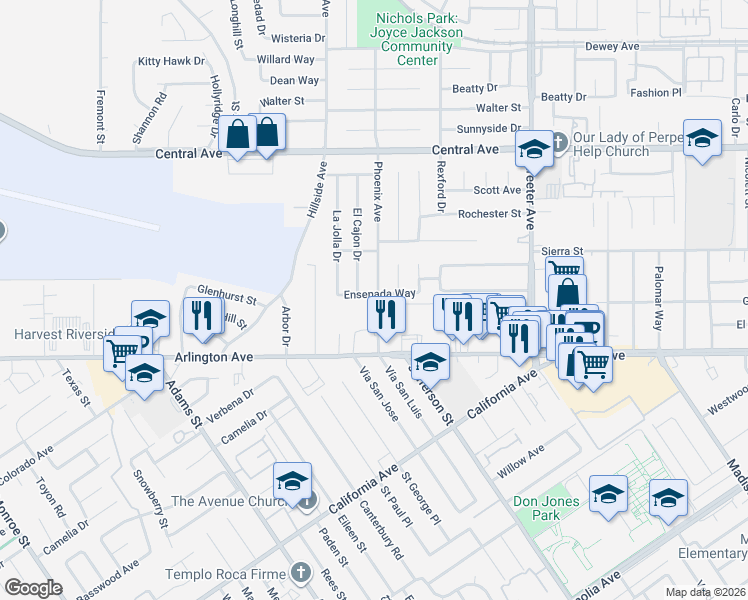 map of restaurants, bars, coffee shops, grocery stores, and more near 5630 Ensenada Way in Riverside
