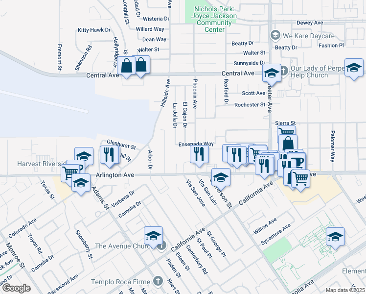 map of restaurants, bars, coffee shops, grocery stores, and more near 5630 Ensenada Way in Riverside