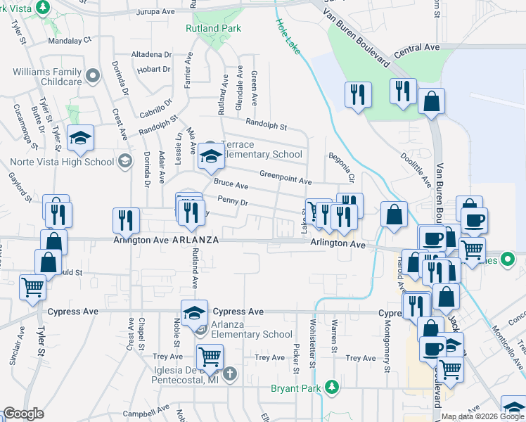 map of restaurants, bars, coffee shops, grocery stores, and more near 8612 Penny Drive in Riverside