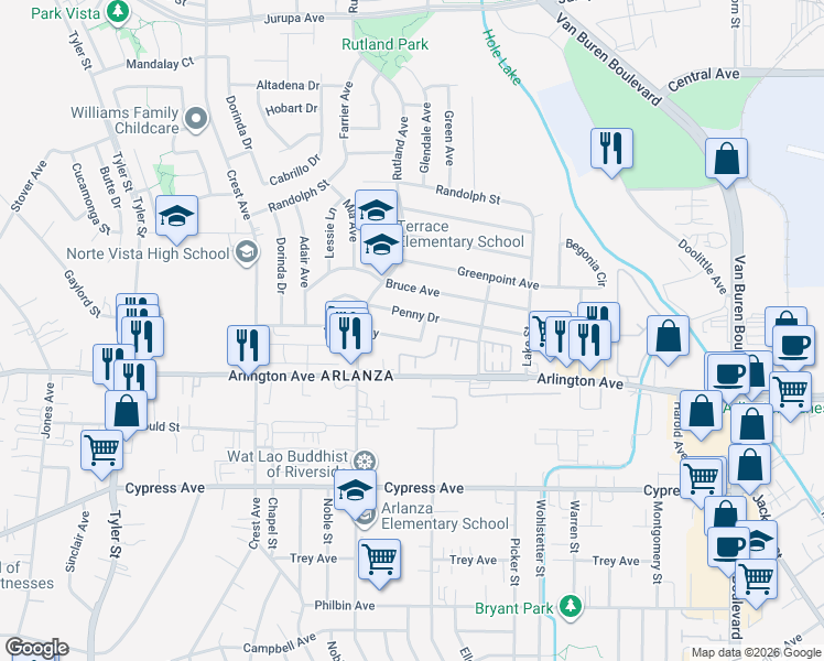map of restaurants, bars, coffee shops, grocery stores, and more near 8723 Jo Jo Way in Riverside
