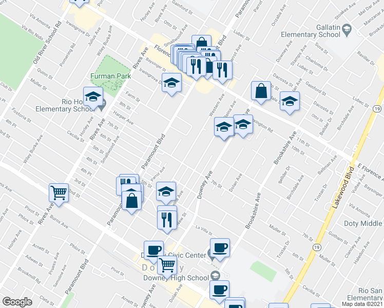map of restaurants, bars, coffee shops, grocery stores, and more near 10524 Western Avenue in Downey