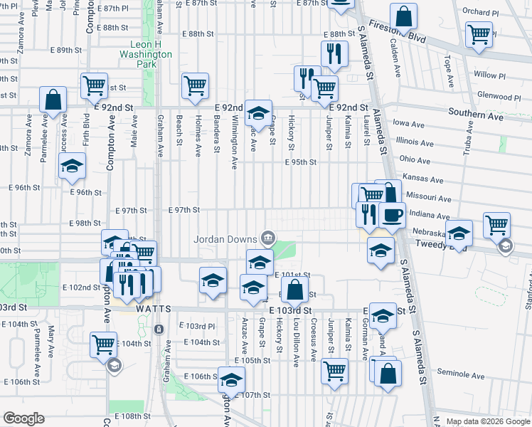 map of restaurants, bars, coffee shops, grocery stores, and more near 2036 East 97th Street in Los Angeles