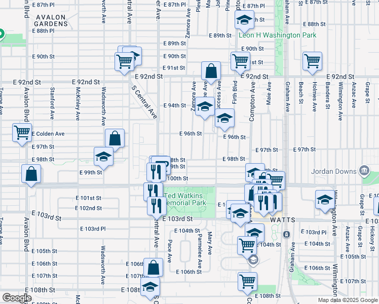 map of restaurants, bars, coffee shops, grocery stores, and more near 9714 Zamora Avenue in Los Angeles