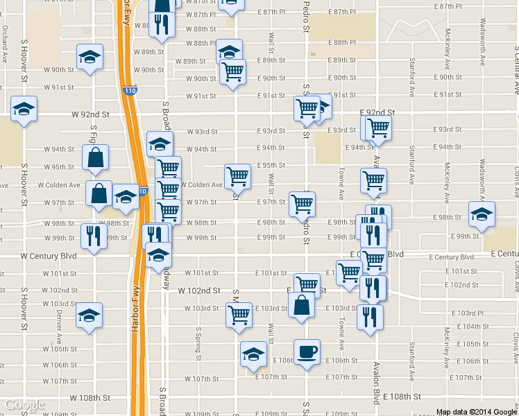 map of restaurants, bars, coffee shops, grocery stores, and more near 150 East 97th Street in Los Angeles